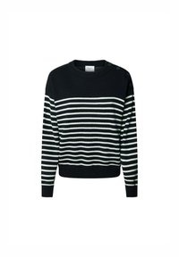 Maglione blu navy a girocollo con strisce bianche orizzontali, caratterizzato da dettagli con bottoni sulla spalla e polsini e orlo a costine. Materiale in maglia morbida.