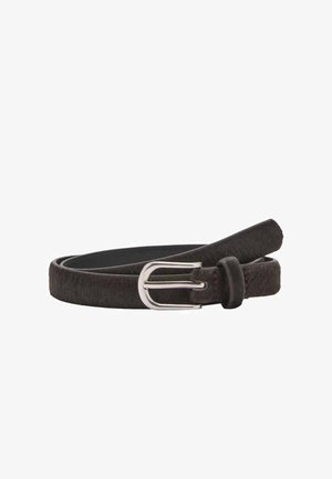 Black leather belt with a smooth finish, featuring a silver metal buckle and a sleek, narrow design. The belt has a subtle texture and a loop.