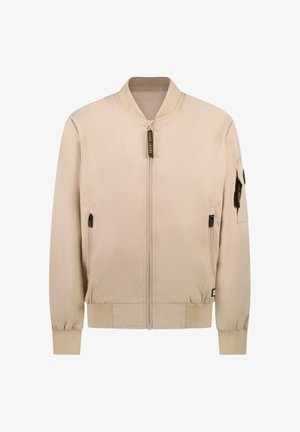 Beige bomberjack met ritssluiting aan de voorkant, geribde manchetten en zoom, voorzien van twee zijzakken met ritssluiting en een zak op de arm met merkembleem.