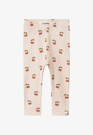 Leggings rosa a costine con un motivo a ciliegie ripetuto in rosso e verde. Vita elastica e un piccolo etichetta del marchio sull'orlo.