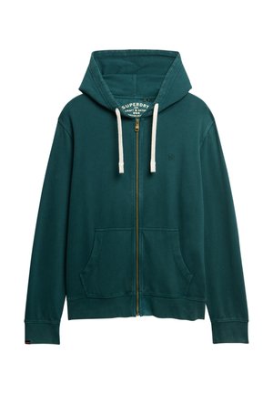 Teal zip-up hoodie gemaakt van zacht materiaal, met een capuchon met trekkoord, voorzakken en een klein logo op de borst.