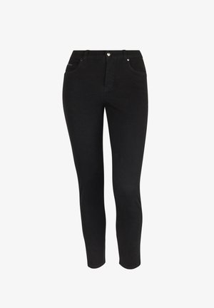 Jeans in denim nero con design aderente, caratterizzati da uno stile classico a cinque tasche, chiusura frontale con bottoni e dettagli di cucitura minimalisti.