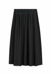 Gonna nera a lunghezza ginocchio con elastico in vita. Realizzata in tessuto leggero, presenta una texture liscia e morbida con un silhouette fluida.