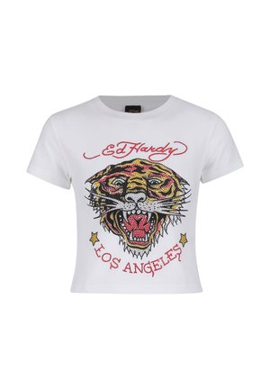 White cropped t-shirt featuring a colorful tiger graphic with rhinestone accents and "ED HARDY" and "LOS ANGELES" text in red.