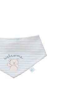 Bib with blue and white stripes, featuring a bear graphic and the word "welcome." Made of soft fabric with a handprint tag.
