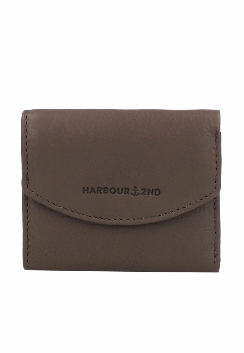 Brown leather wallet with a rounded flap, featuring embossed "HARBOUR 2ND" logo, stitched edges, and a smooth texture.