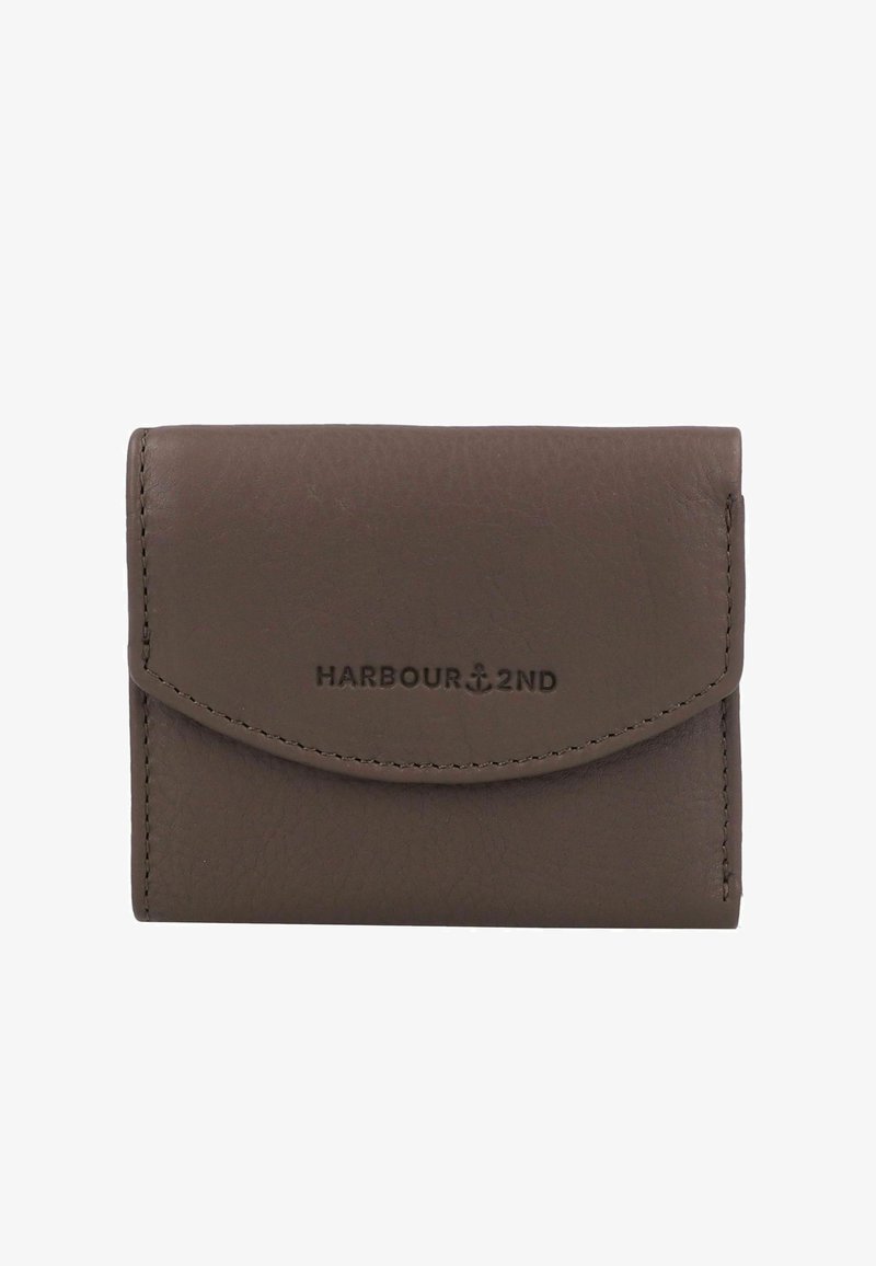 Brown leather wallet with a rounded flap, featuring embossed "HARBOUR 2ND" logo, stitched edges, and a smooth texture.