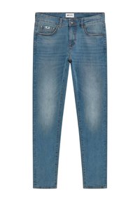 Jeans in denim azzurro chiaro con una vestibilità slim, caratterizzati da un design a cinque tasche, sfumature appena visibili e un'etichetta del marchio sul bordo della vita.