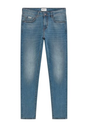 Jeans in denim azzurro chiaro con una vestibilità slim, caratterizzati da un design a cinque tasche, sfumature appena visibili e un'etichetta del marchio sul bordo della vita.