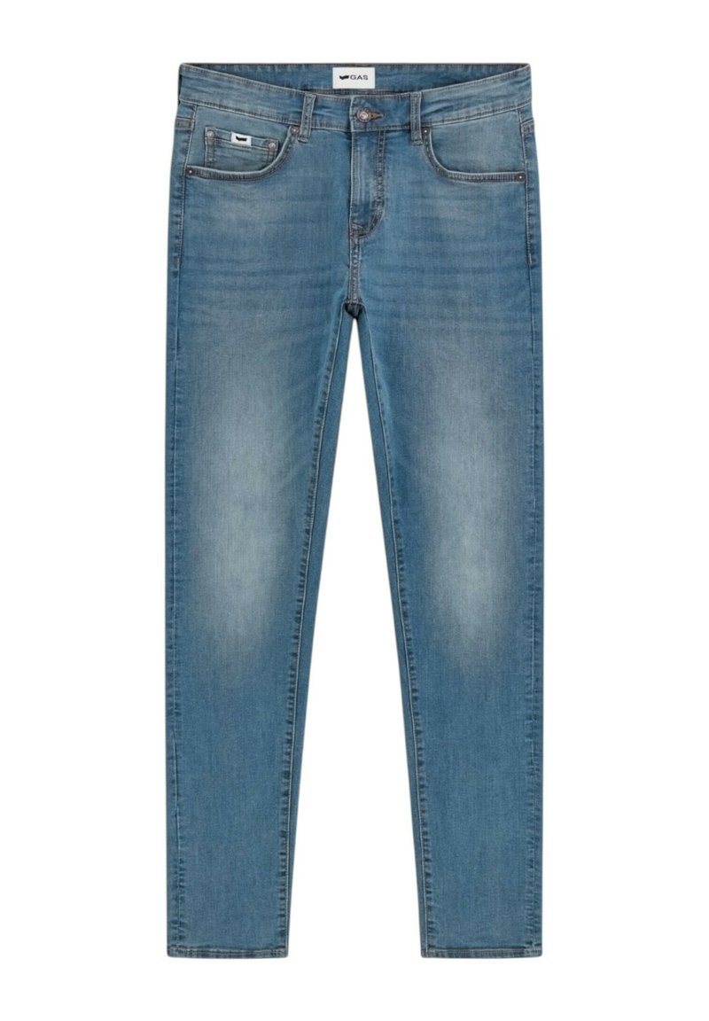 Jeans in denim azzurro chiaro con una vestibilità slim, caratterizzati da un design a cinque tasche, sfumature appena visibili e un'etichetta del marchio sul bordo della vita.