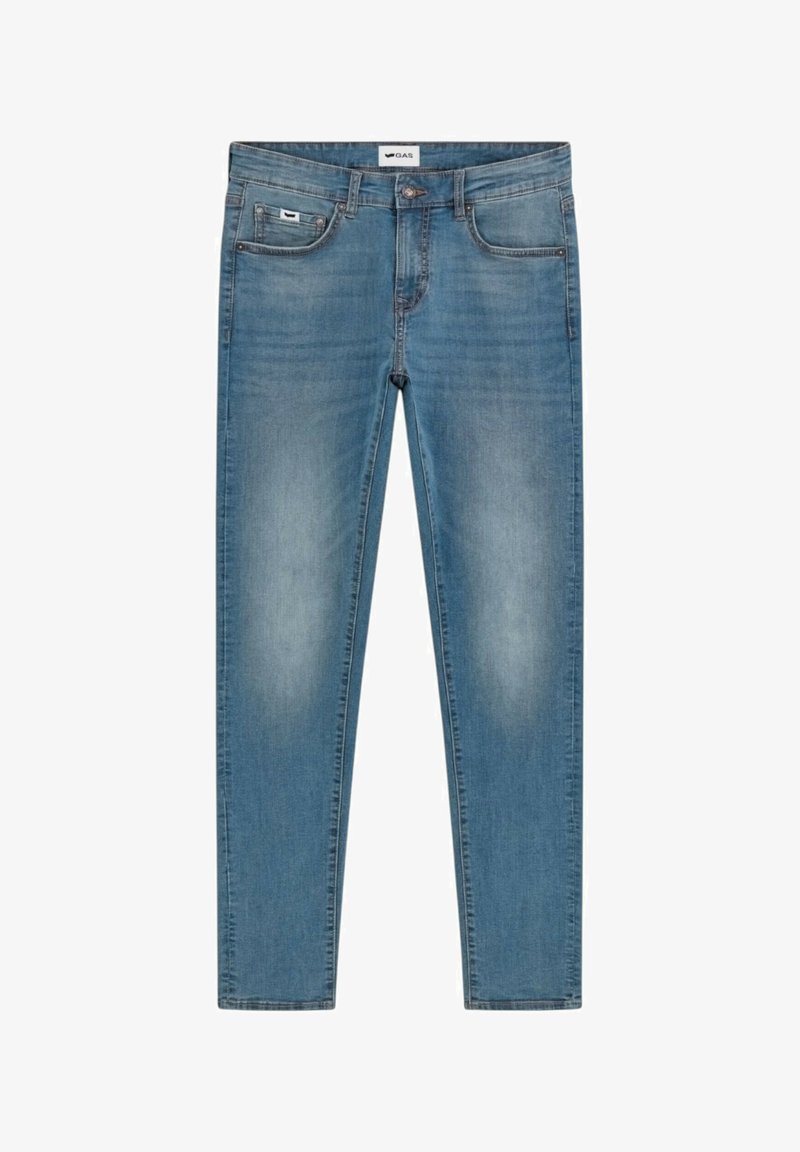 Jeans in denim azzurro chiaro con una vestibilità slim, caratterizzati da un design a cinque tasche, sfumature appena visibili e un'etichetta del marchio sul bordo della vita.