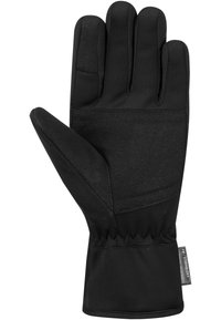 Black gloves made of water-resistant material, featuring a textured palm, flexible fingers, and an elastic wrist for a secure fit.