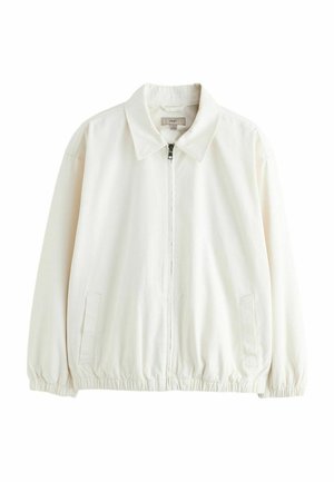 Valge kerge jakk krae, esikindluse, elastse allääre ja mansettidega ning kahe küljetaskuga, esitletud valgel taustal.