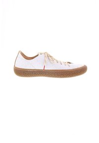 White leather shoe with a cracked texture, brown rubber sole featuring perforations, and beige laces. Side view showcases minimalistic design.