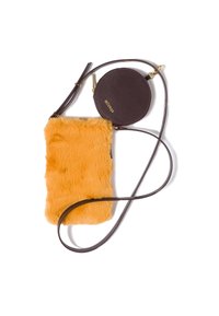 Orange faux fur pouch with brown leather circular case, both connected by a brown strap. Gold hardware and embossed text detail on case.