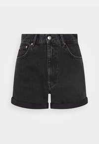 Mustat denim-shortsit korkealla vyötäröllä, käännetyillä lahkeilla, viiden taskun muotoilulla ja hopeisilla yksityiskohdilla edessä. Sileä pinta ja kestävä kangas.