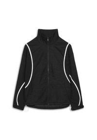 Giacca nera con colletto alto, zip frontale e dettagli curvi bianchi sulle maniche. Realizzata in tessuto leggero e texturizzato.