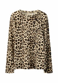 Leopardimustriga pika varrukaga särk pehmest kangast, ümmarguse kaelusega ja sirge äärega. Peal on helepruun taust, millel mustad ja pruunid täpid.