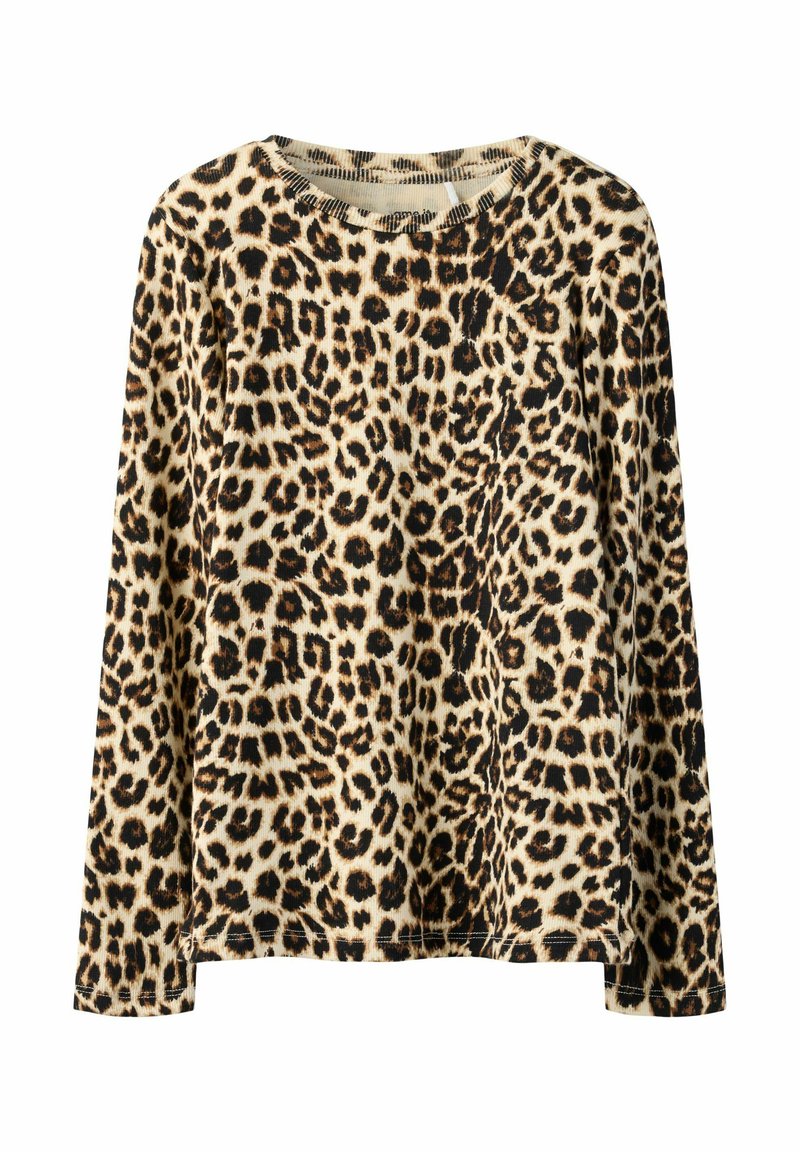 Leopardimustriga pika varrukaga särk pehmest kangast, ümmarguse kaelusega ja sirge äärega. Peal on helepruun taust, millel mustad ja pruunid täpid.