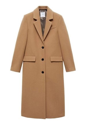 Lang wollen jas in kameelkleur met een notch-revers, drie zwarte knopen, twee klepzakken en één borstzak, volledig gevoerd aan de binnenkant.