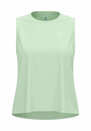 Lichtgroene mouwloze sporttop gemaakt van zachte, ademende stof. Voorzien van een ronde halslijn en een subtiel logo op de borst.