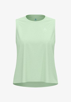 Lichtgroene mouwloze sporttop gemaakt van zachte, ademende stof. Voorzien van een ronde halslijn en een subtiel logo op de borst.