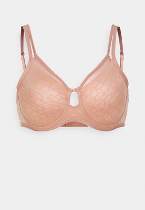 Reggiseno rosa chiaro con un sottile motivo geometrico, supporto con ferretto, spalline regolabili e un dettagli decorativo a forma di chiave al centro.