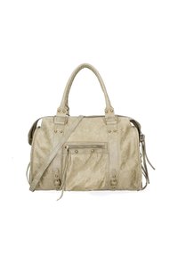 Borsa a mano sintetica beige con doppio manico, tracolla removibile, tasca frontale con zip, dettagli in tono oro e finitura testurizzata.
