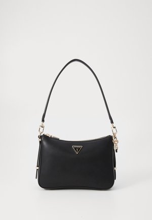 Black leather handbag with a curved shape, gold-tone hardware, a zip closure, and a triangular logo accent on the front.