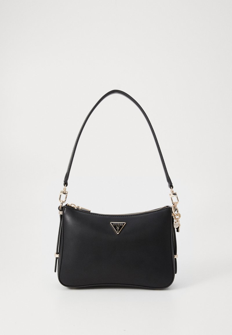 Black leather handbag with a curved shape, gold-tone hardware, a zip closure, and a triangular logo accent on the front.
