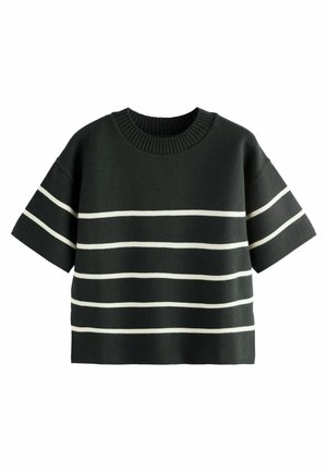 Crop top noir en tricot avec un col côtelé et des manches courtes, présentant des rayures blanches horizontales sur le corps. Texture lisse, coupe décontractée.