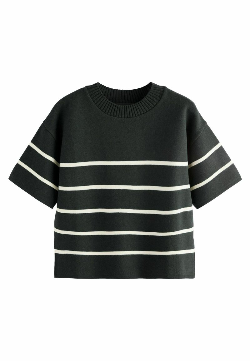 Schwarzes, gestricktes Crop-Top mit geripptem Halsauschnitt und kurzen Ärmeln, das horizontale weiße Streifen über den Körper aufweist. Glatte Textur, entspannte Passform.