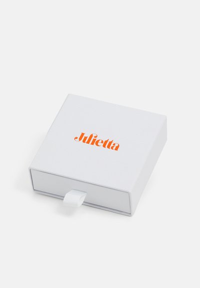 White gift box with a textured surface and a ribbon pull tab, featuring the word "Julietta" in bold orange script on the lid.