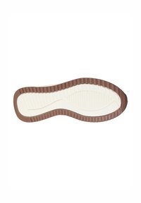 Suela de zapato con un borde exterior marrón y una entresuela blanca, que presenta una superficie texturizada y surcos para mayor agarre. La forma curva mejora la flexibilidad.