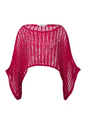 Châle magenta en tissu tricot léger, avec un tissage ouvert, des manches larges et une silhouette ample et drapée.
