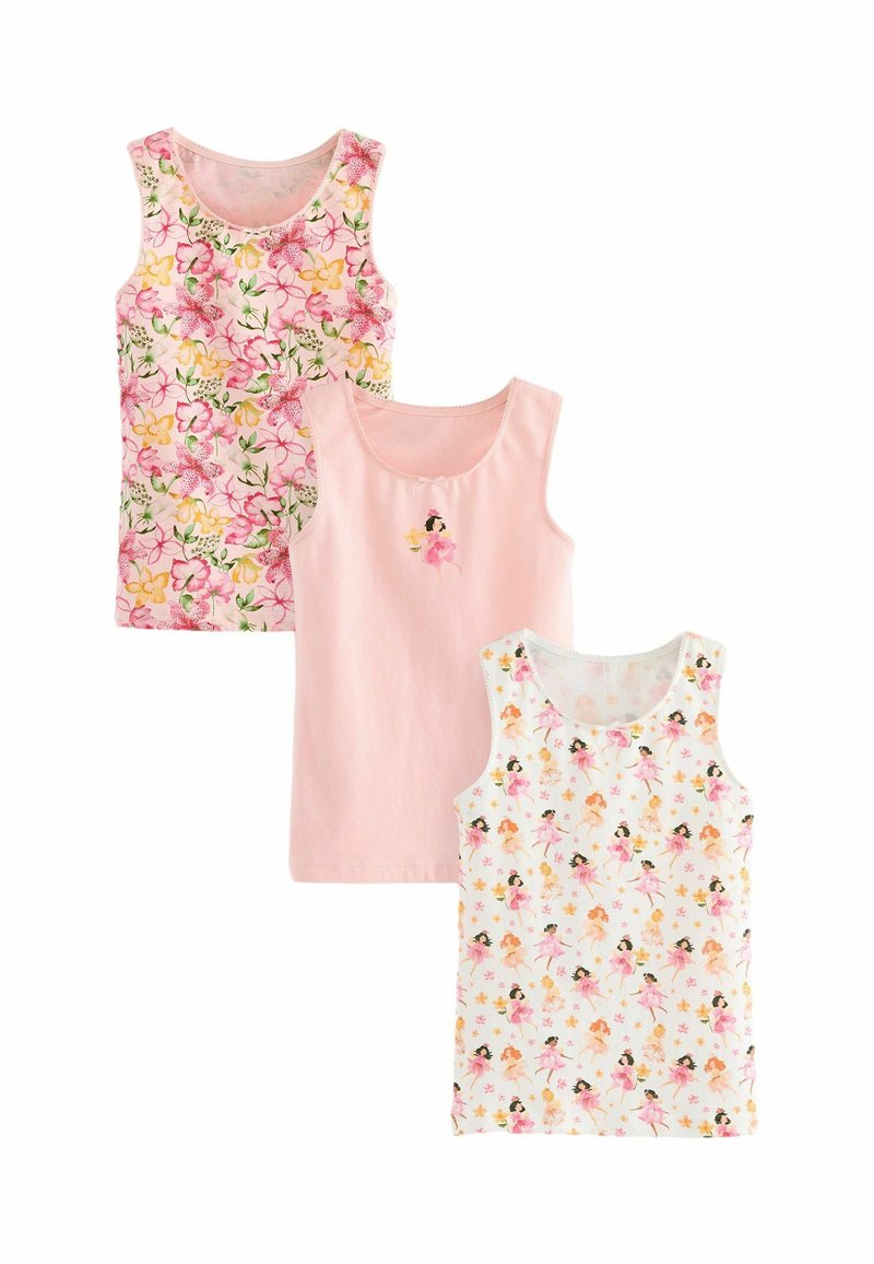 Drei ärmellose Oberteile: eines mit pinkem Blumenmuster, eines in einfarbigem Pink mit besticktem Detail und eines mit einem tanzenden Feenmuster.