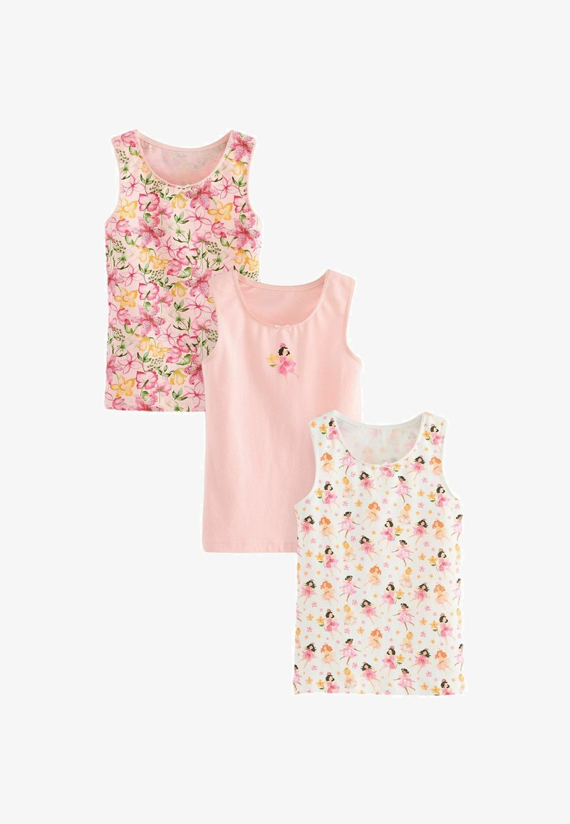 Tričko bez rukávov: jedno s ružovým kvetinovým vzorom, jedno jednofarebné ružové s vyšívaným detailom a jedno s motívom tancujúcej víly.