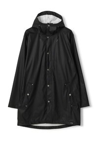 Musta sadeviitta, joka on valmistettu vedenpitävästä materiaalista, ja siinä on huppu, napit, kaksi sivutaskua ja valkoinen vuori.