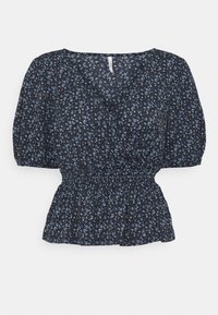 Hedvábná blůza s květinovým potiskem v tmavě modré barvě, s výstřihem do V, krátkými nabíranými rukávy a zúženým pasem, vyrobená z lehké a strukturované látky.