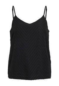 Čierna tielko s chevronovým vzorom, vyrobené z textúrovanej látky. Obsahuje nastaviteľné ramienka a V-výstrih.