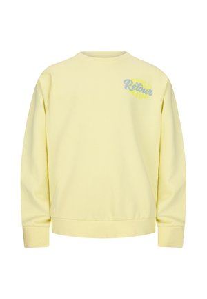 Hellgelbes Sweatshirt mit Rundhalsausschnitt und langen Ärmeln, mit dem "Retour" Textlogo in Blau und Gelb auf der oberen linken Brust.
