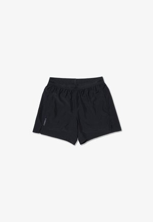 Pantalones cortos deportivos negros con cintura elástica y bolsillos laterales, con un pequeño logo bordado en la pierna izquierda.