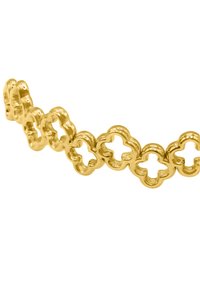 Bracciale in oro con design ad anelli a forma di trifoglio con finitura texturizzata. Superfici lisce e dettagliate incisioni aumentano l'interesse visivo.