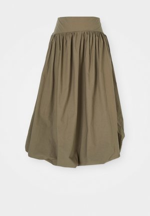 Olivengrønn, knelengd skjørt, laget av bomull, har en samlet midje og et fullt, flytende design med en glatt tekstur.