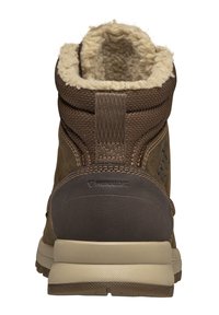 Bruine winterlaars met een bovenwerk van suede en synthetisch materiaal, nepbont voering, verstevigde hiel en rubberen zool voor grip.