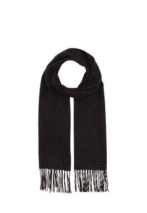 Dark brown scarf with diagonal stripe pattern, fringed ends, and subtle "bugatti" logo on one side.