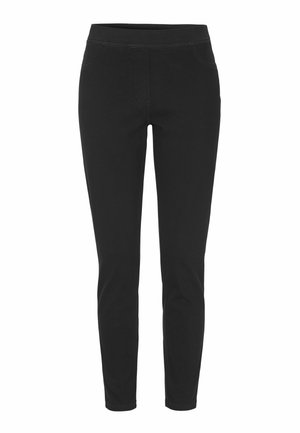 Schwarze, enganliegende Hose mit glatter Textur, elastischem Bund und zwei Vordertaschen. Keine sichtbaren Verschlüsse oder Muster.