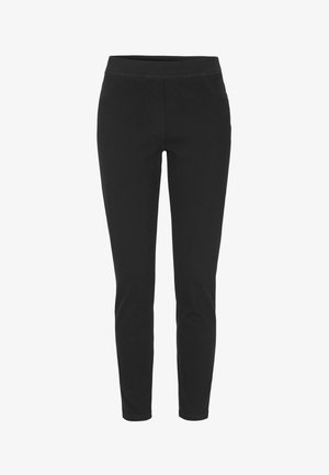 Schwarze, enganliegende Hose mit glatter Textur, elastischem Bund und zwei Vordertaschen. Keine sichtbaren Verschlüsse oder Muster.