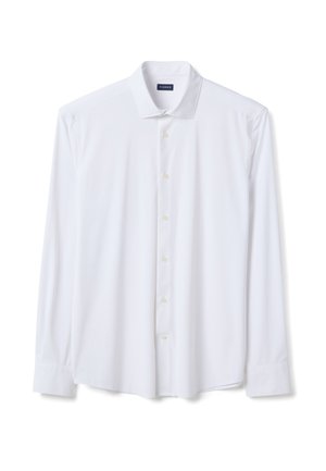 Camicia bianca a maniche lunghe con bottoni, collo ampio e polsini, distesa e con bottoni chiusi, etichetta del marchio all'interno del collo.