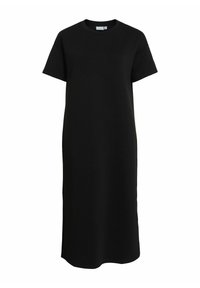 Vestido negro de camiseta con mangas cortas, escote redondo y silueta recta. Hecho de tela suave, cuenta con aberturas laterales para mayor comodidad al moverse.